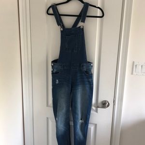 Distressed denim overall